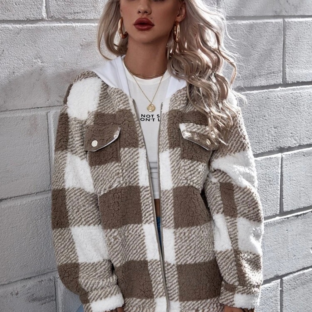 SHEIN Flap Pocket Contrast Hooded Buffalo Plaid Teddy Coat size L - Picture 1 of 10